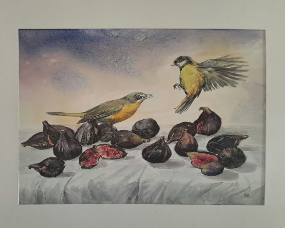 Zwei Vögel attackieren Früchte. Gemälde. Künstler wissen wir leider nicht mehr.
